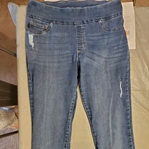 Distressed pull on jeans